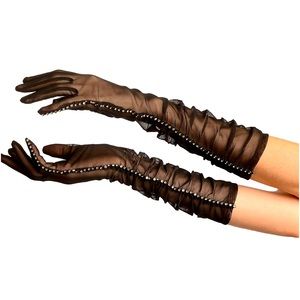 Mesh Ruched Elbow Length Gloves with Faux Rhinestone Trim